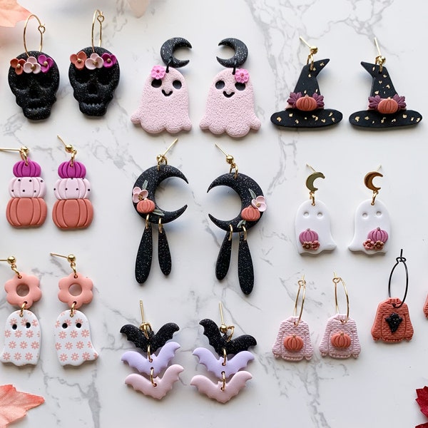 Orecchini di Halloween in argilla fatti a mano, orecchini di Halloween rosa e neri, graziosi orecchini autunnali in argilla, orecchini fantasma rosa, orecchini zucca rosa