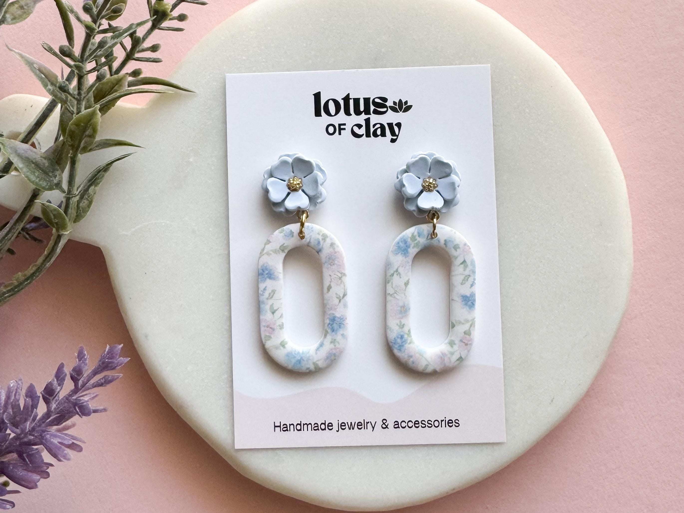 blue floral geometric earrings, handmade clay earrings, stament earrings, floral spring dangle earrings, unique gifts for women