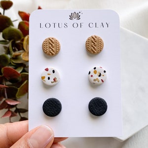 Circle stud earrings set of 3, polymer clay round studs, terrazzo clay studs, fall stud earrings, mustard stud earrings, black clay studs