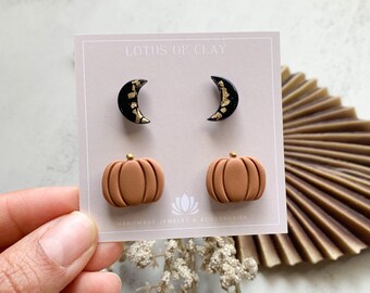 Orecchini autunnali in argilla con zucca e luna, orecchini a forma di zucca, orecchini a forma di luna di Halloween, orecchini autunnali in argilla, orecchini in argilla boho, orecchini di Halloween
