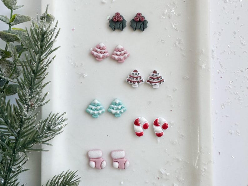 Christmas Clay Stud Earrings, Pink Christmas Tree Studs, Candy Cane