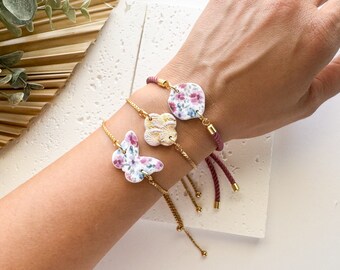 Purple adjustable bracelets, polymer clay butterfly bracelet, gold slide cord bracelet, unique gifts for women, flower bracelet