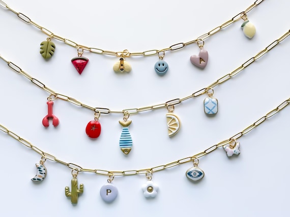 Handmade charm necklace, build your own custom charm necklace, handmade clay charms, gold paper clip necklace, personalized jewelry gift