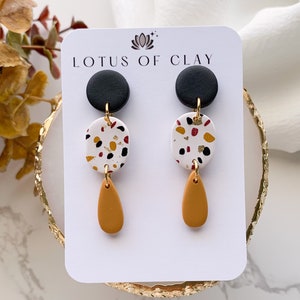 Mustard yellow and black clay earrings, long drop earrings, terrazzo geometric earrings, fall clay earrings, small gifts for best friends