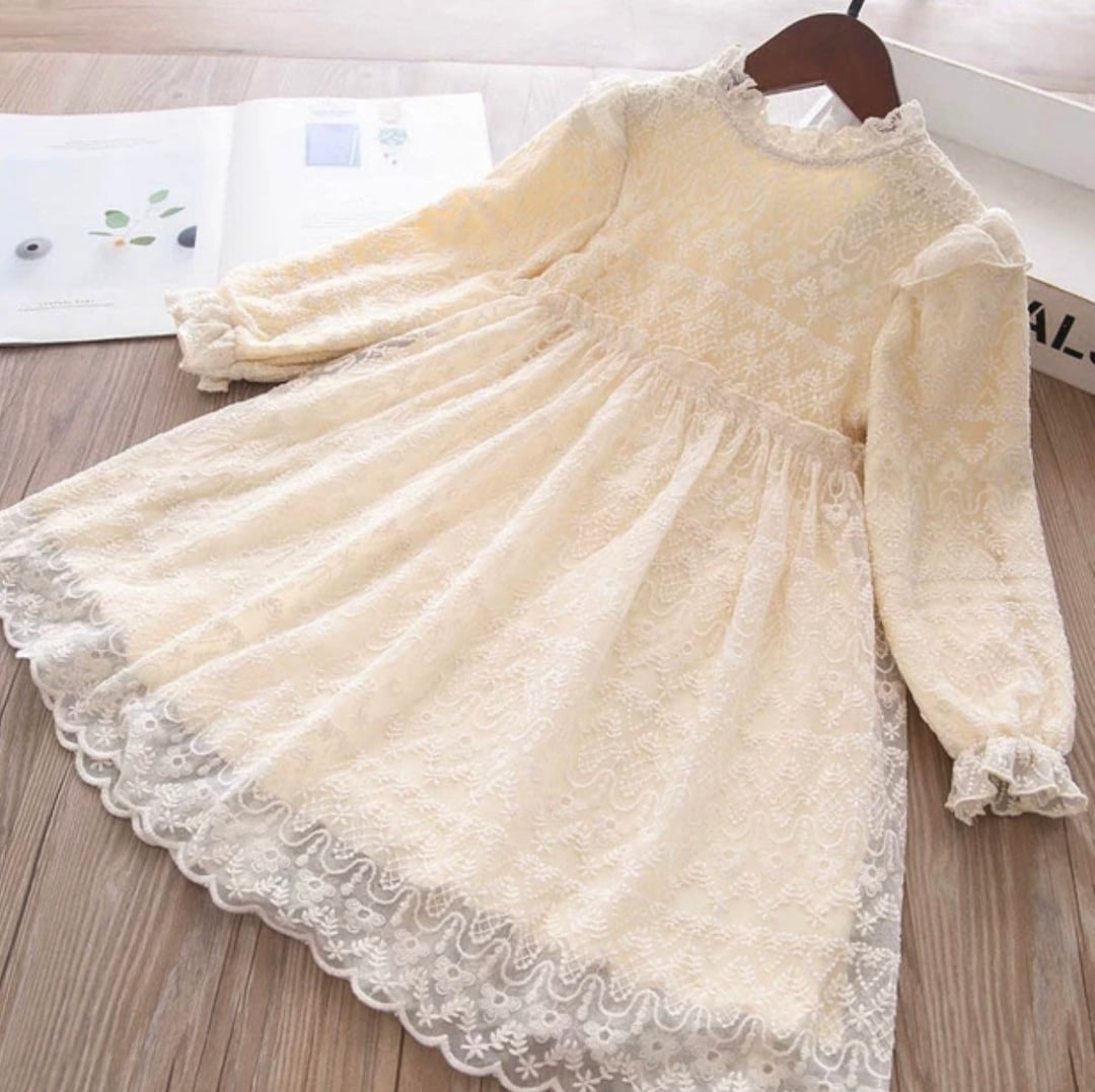 Creamy White Dress Girls Winter Dress Girls Long Sleeves Dress 