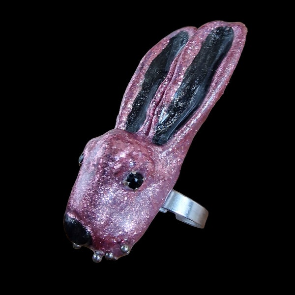 Rose Gold Rabbit Bunny Hare Head Miniature Glasslike Crystal 80-s Glamorous Rock Funky Statement Ring