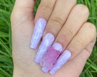 white with purple bear charm 💜  Short square acrylic nails, Bears nails,  Acrylic nails coffin short