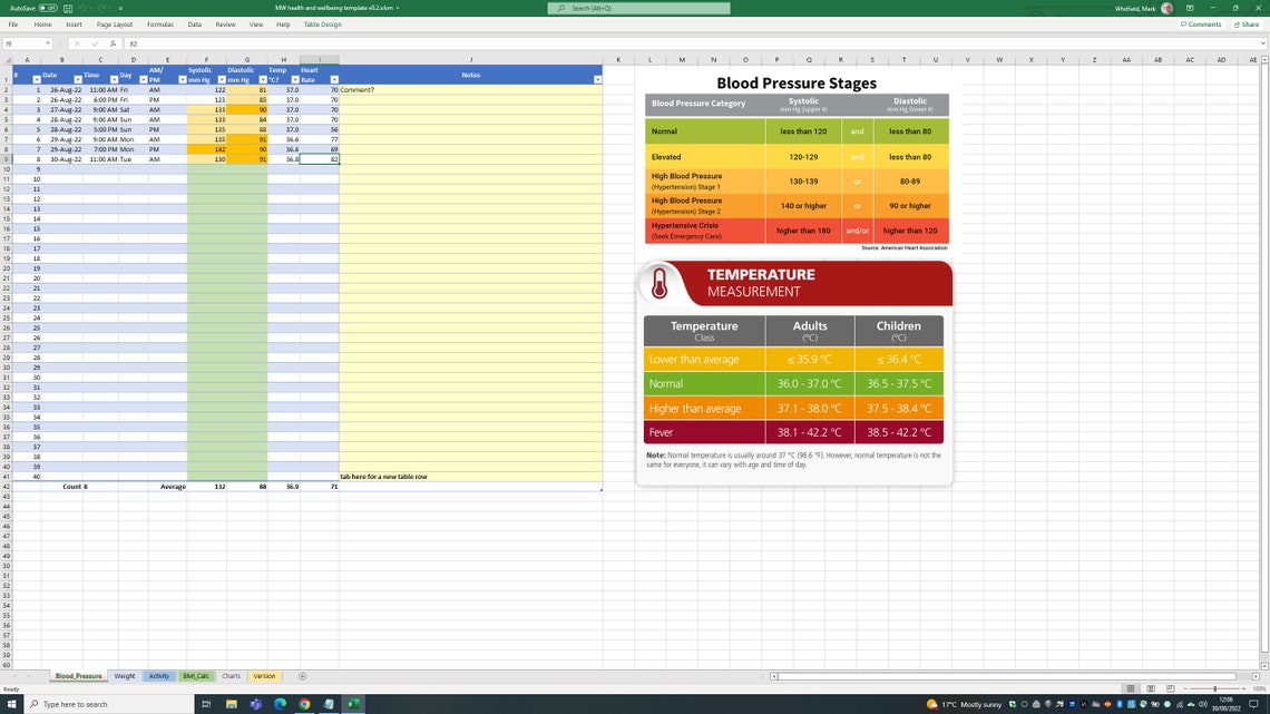 MS Excel Spreadsheet Template BMI, Body Mass Index, Blood Pressure