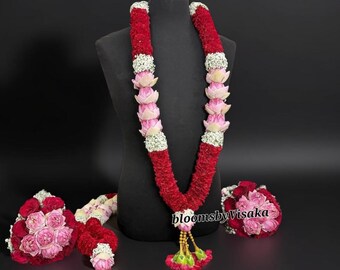 Pair of Red Carnation Lotus Varmala & Matching Bridal Hand Bouquet