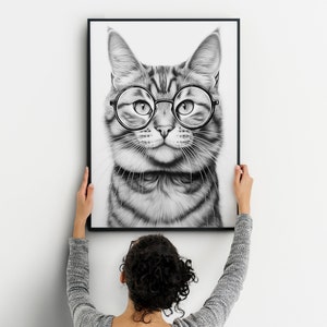 Cartel imprimible de gato, arte de pared, gato con gafas, cartel imprimible, descarga digital