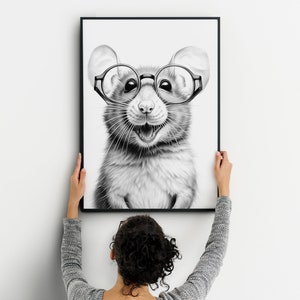 Ratón feliz con gafas, arte digital, impresión descargable, póster imprimible, descarga digital