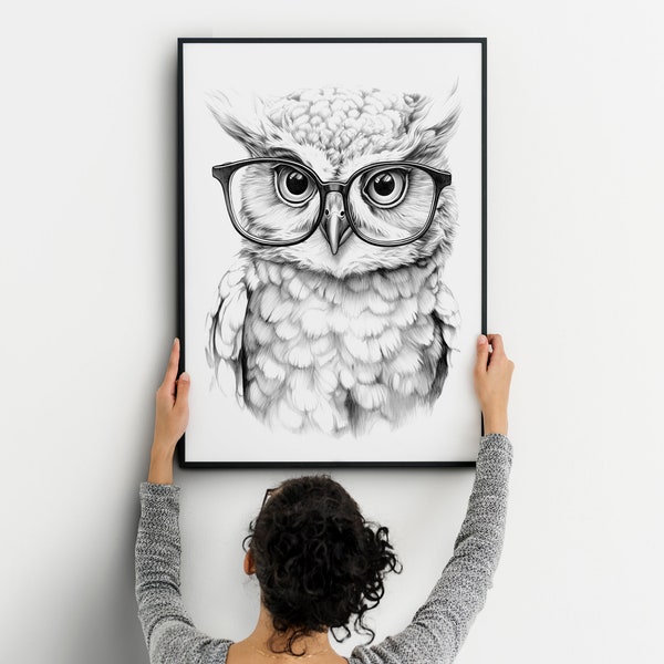 Owl with Glasses, Digital Art, Downloadable Print, Printable Poster, Digital Download
