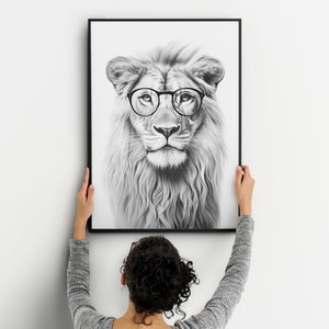 León con gafas, cartel imprimible, arte digital, impresión descargable, descarga digital