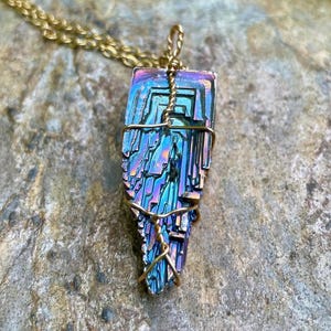 Blue Pink Bismuth Tower Crystal Wire Wrapped 22 Inch Gold Stainless Steel Necklace
