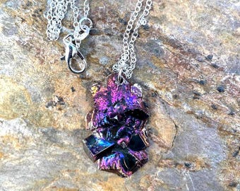 Pink Iridescent Bismuth Crystal Cluster 22 Inch Silver Necklace 14.4 Grams