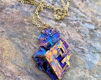 Blue Gold Bismuth Crystal Cubic Cluster 22 Inch Gold Stainless Steel Necklace