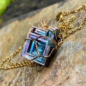 Pink Blue Iridescent Bismuth Cubic Crystal Wire Wrapped 22 Inch Gold Stainless Steel Necklace