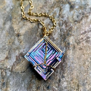 Gold Iridescent Bismuth Tower Crystal Wire Wrapped 22 Inch Gold Stainless Steel Necklace