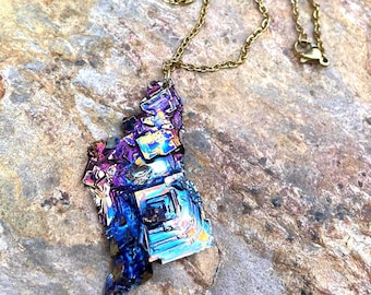Purple Iridescent Bismuth Crystal Cluster 22 Inch Gold Necklace 23.4 Grams