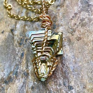 Gold Iridescent Bismuth Tower Crystal Wire Wrapped 22 Inch Gold Stainless Steel Necklace