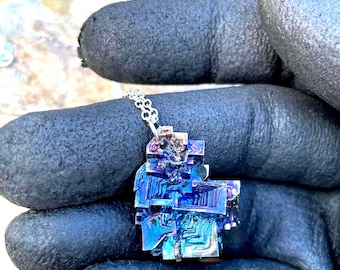 Blue Iridescent Bismuth Cube Cluster 20 or 22 Inch Silver Necklace 14.5 Grams