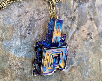 Blue Gold Bismuth Crystal Cube and Tower 22 Inch Gold Stainless Steel Necklace