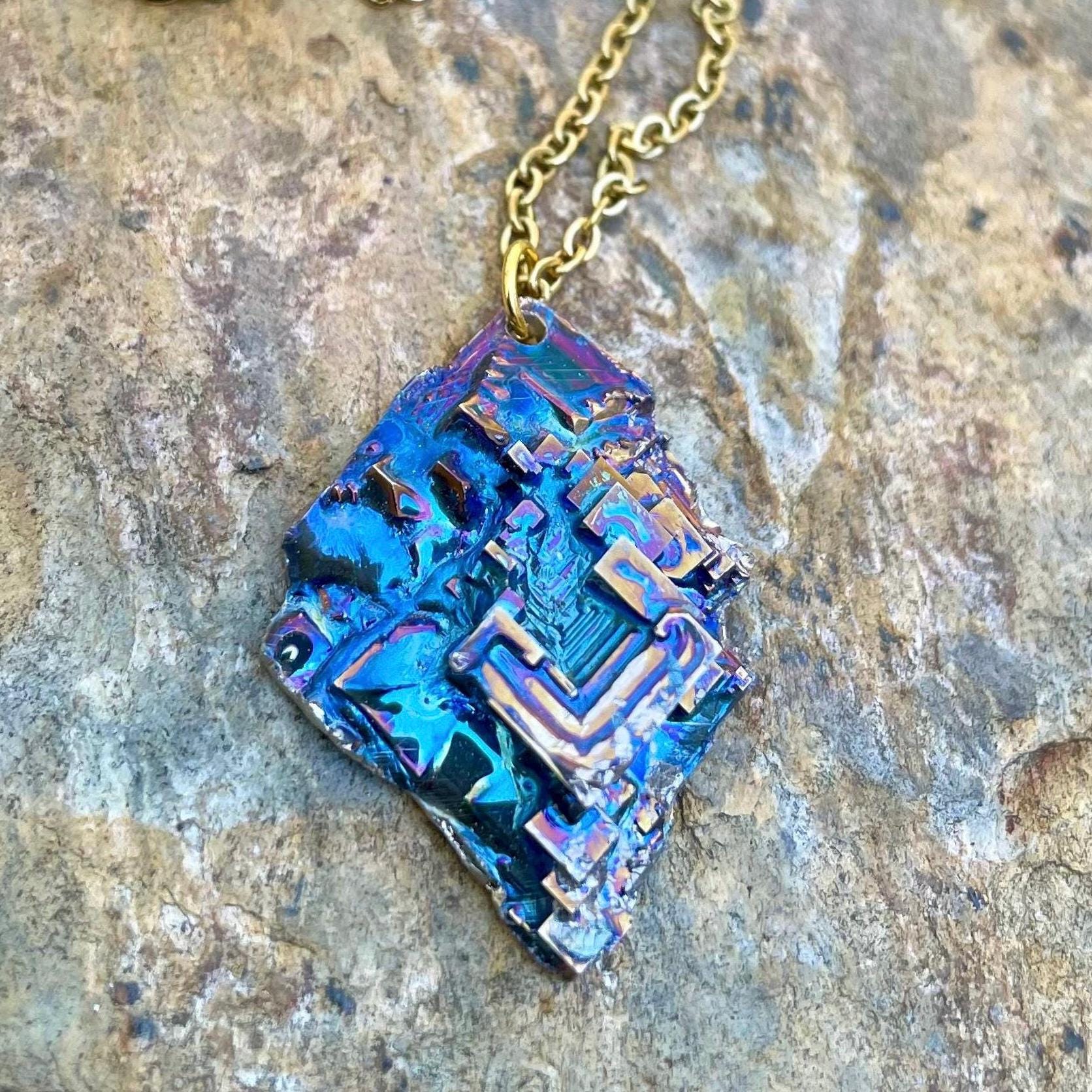 Blue Gold Bismuth Crystal Cubic Cluster 22 Inch Gold Stainless Steel Necklace