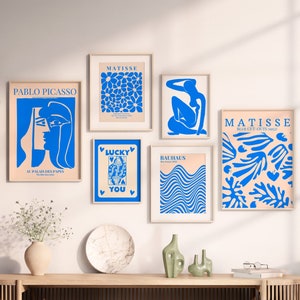 Set of 6 Blue Blossom:Digital Art Prints, Matisse-Inspired Abstract Lines for Aesthetic Room Decor