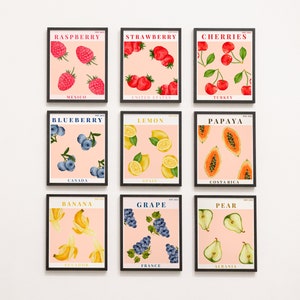 Set of 9 Digital Downloads Fruity Delights: , Pastel Fruit Paintings for Aesthetic Room Decor