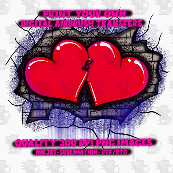 Digital Airbrush - Graffiti Double Hearts Red inkjet/DTF/DTG  sublimation print Transfer design png