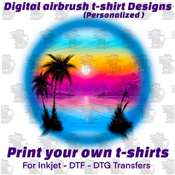 Digital Airbrush - beach scene- inkjet/DTF/DTG print Transfer design
