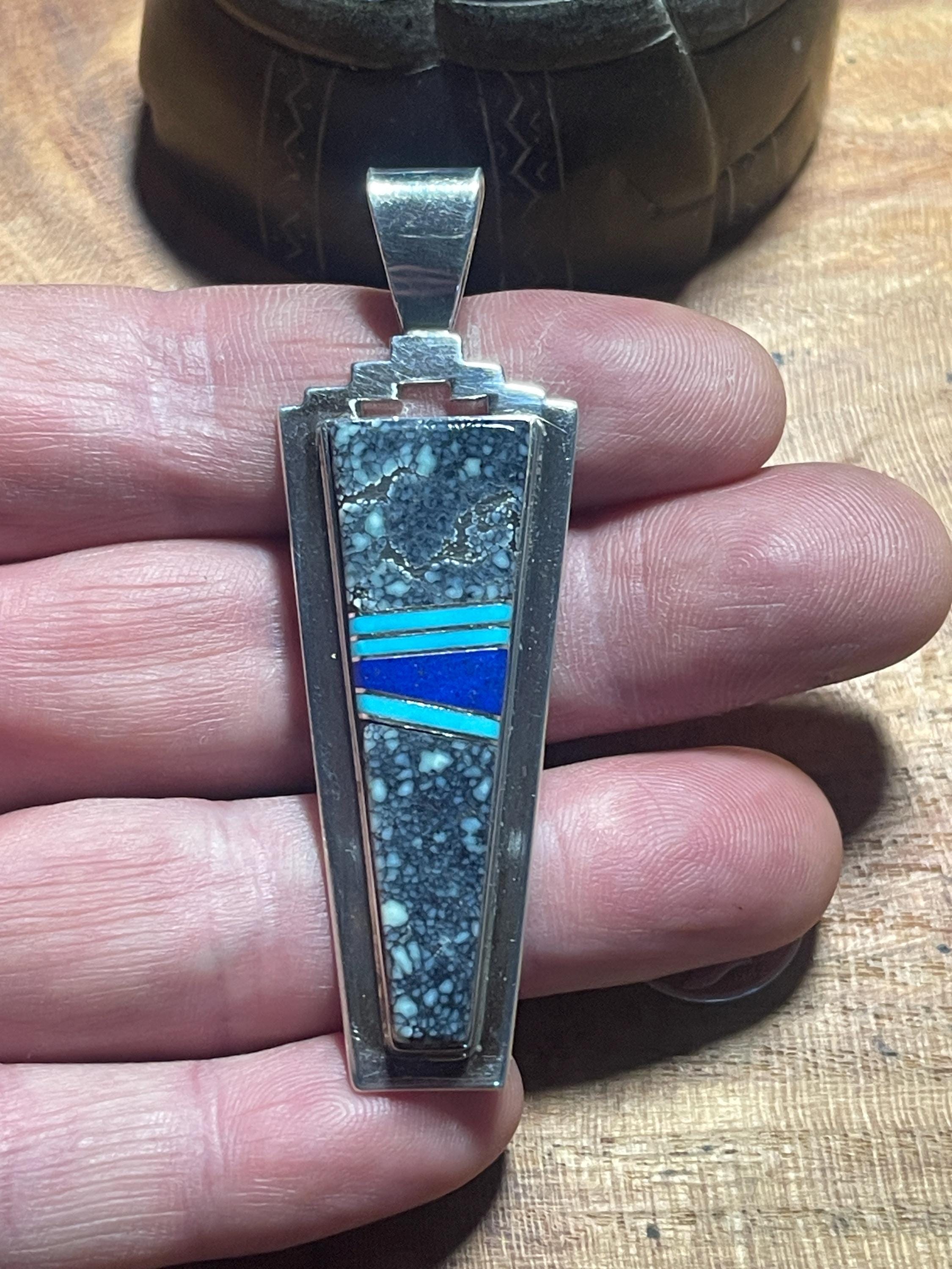 Vintage Navajo Turquoise Lapis Sterling Silver Inlay Pendant, Signed - Etsy