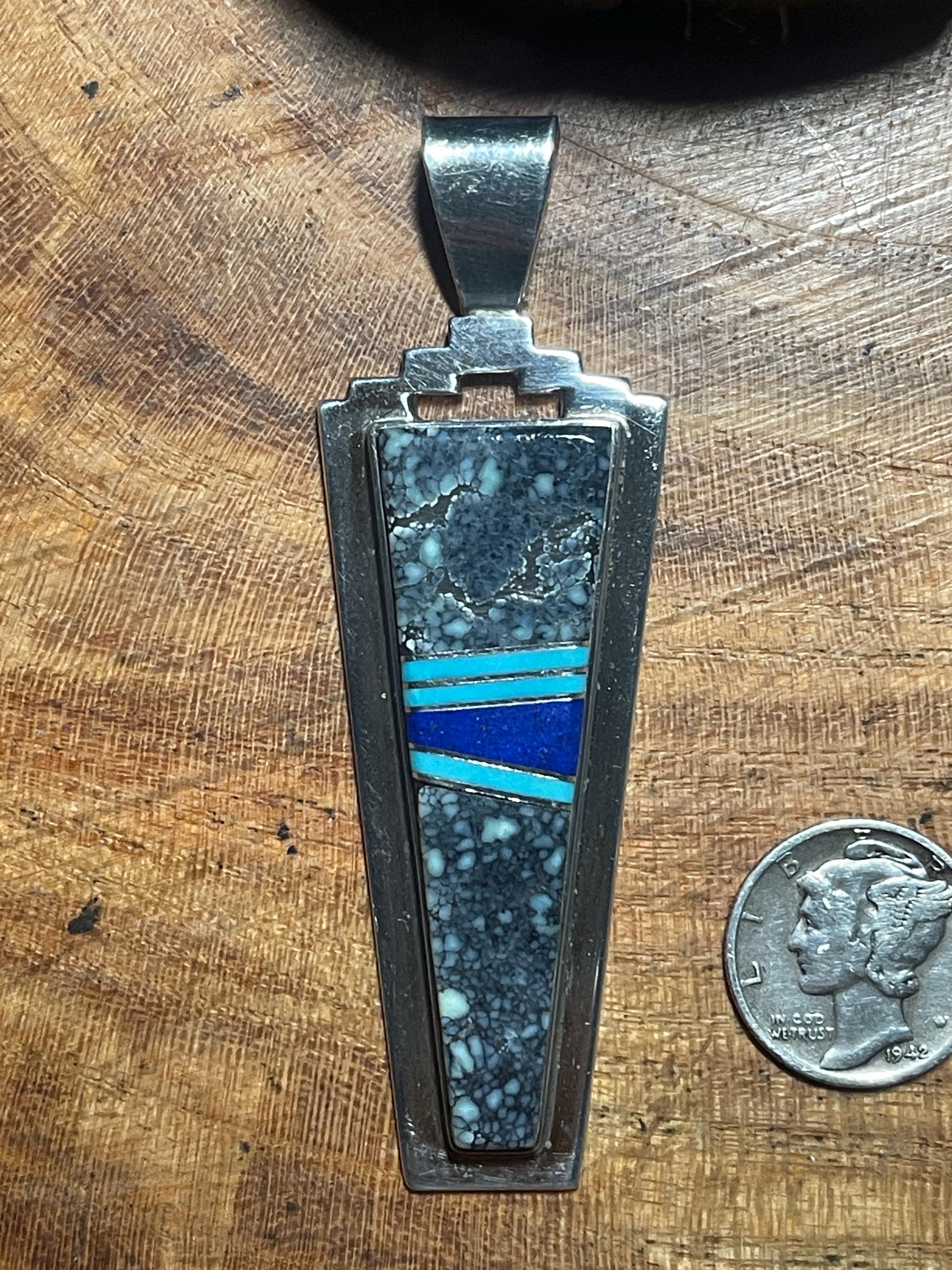 Vintage Navajo Turquoise Lapis Sterling Silver Inlay Pendant, Signed - Etsy