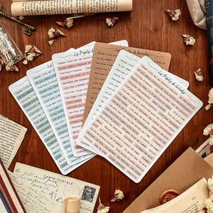Peut inclure: Un ensemble de six feuilles d'autocollants colorés avec du texte en français. Les autocollants présentent une variété de motifs, notamment des cœurs, des étoiles et des fleurs. Le texte sur les autocollants indique "Les Pépites de Guladys".