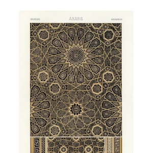 May include: A black and gold geometric pattern with a starburst design. The pattern is labeled "Arabe" and "Arabisch".