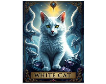 May include: A white cat with blue eyes sits on a bed of purple gems, surrounded by three blue dragons with wings. The image is framed in gold with the words "White Cat" at the bottom.