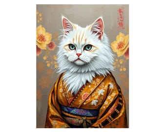 Persian Cat in a Gold Kimono Art Print, Japanese Art Print, Persian Cat Print, Framed or Unframed, A5 to A0