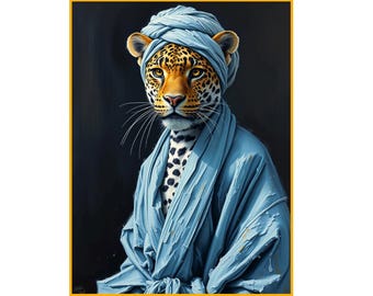Leopard in Bath Towel Print, Leopard print , Leopard With turban print, Framed or Unframed, A5 to A0 - 35 Different sizes to choose from
