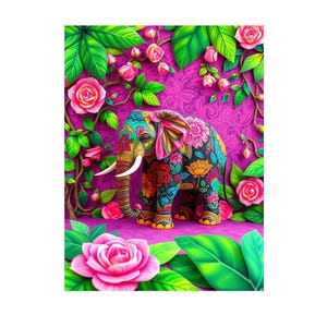 Floral Elephant Print, Elephant Poster, Elephant Plaque, Framed or Unframed, A5 to A0
