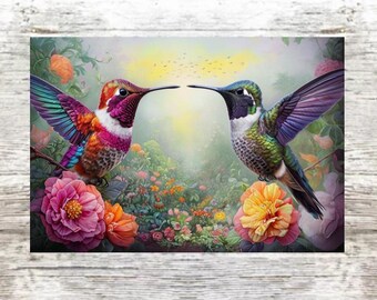 Vibrant Hummingbirds Print, Hummingbirds Print,Hummingbirds Poster, Framed or Unframed, A5 to A0, Hummingbirds