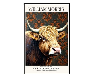 William Morris Highland Cow Exhibition Print, William Morris Print, Highland Cow Print, Framed or Unframed, A5 to A0