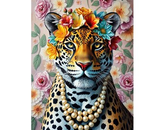 Fashionista Leopard Print, Leopard print , Leopard With pearls print, Framed or Unframed, A5 to A0 - 35 Different sizes to choose from