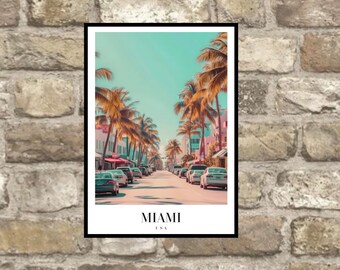 Impresión de Miami, impresión de viaje a Miami, póster de Miami, enmarcado o sin enmarcar, A5 a A0 - 35 tamaños diferentes para elegir