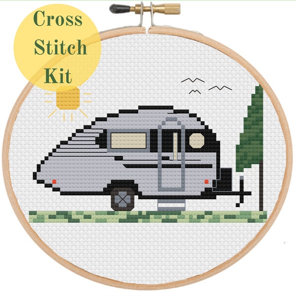 T@B 400 Teardrop Camper - Counted Cross Stitch Kit - Gray and Black Teardrop Trailer