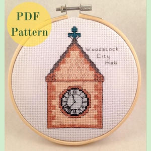 Clock Tower - Counted Cross Stitch Pattern - Instant Download PDF - Woodstock City Hall Clock Tower