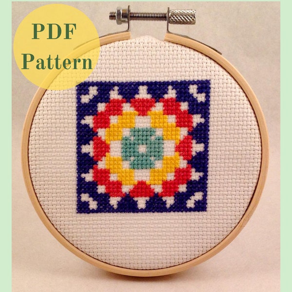 Retro Granny Square - Counted Cross Stitch Pattern - Instant Download PDF - Colourful Crocheted Afghan