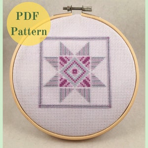 Quilt in Sky Blue & Lavender - Counted Cross Stitch Pattern - Instant Download PDF - Amish Star Quilt Square