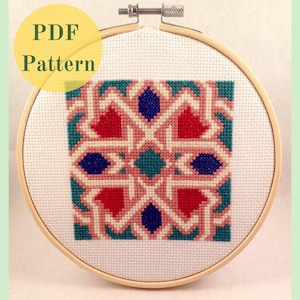 Op de afbeelding: Een kruissteekpatroon met een geometrisch ontwerp in tinten rood, blauw, groen en wit. Het patroon is ingelijst in een houten borduurring.