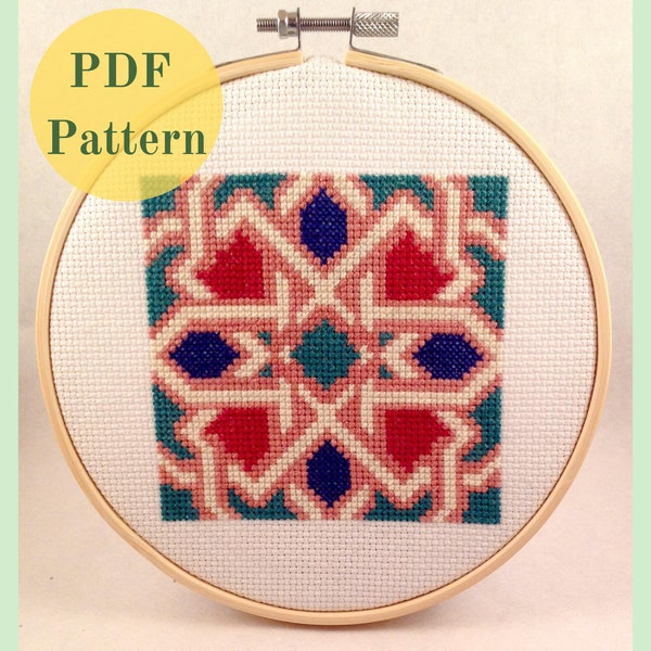 Spanish Tile - Counted Cross Stitch Pattern - Instant Download PDF - Jewel-toned Tile