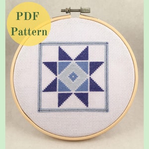 Quilt in Sky Blue & Denim - Counted Cross Stitch Pattern - Instant Download PDF - Amish Star Quilt Square